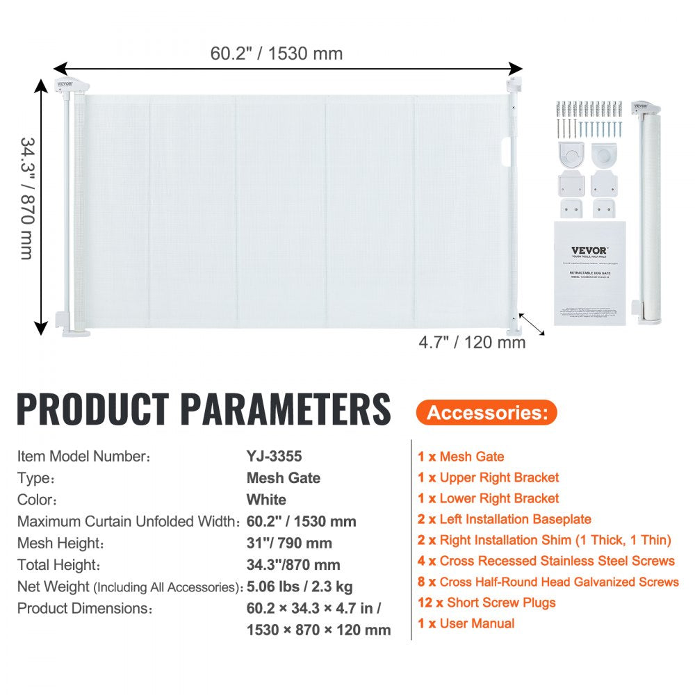 YJ-3355 - 60" Retractable Pet Gate, 34.2" Tall, Easy One-Handed Use