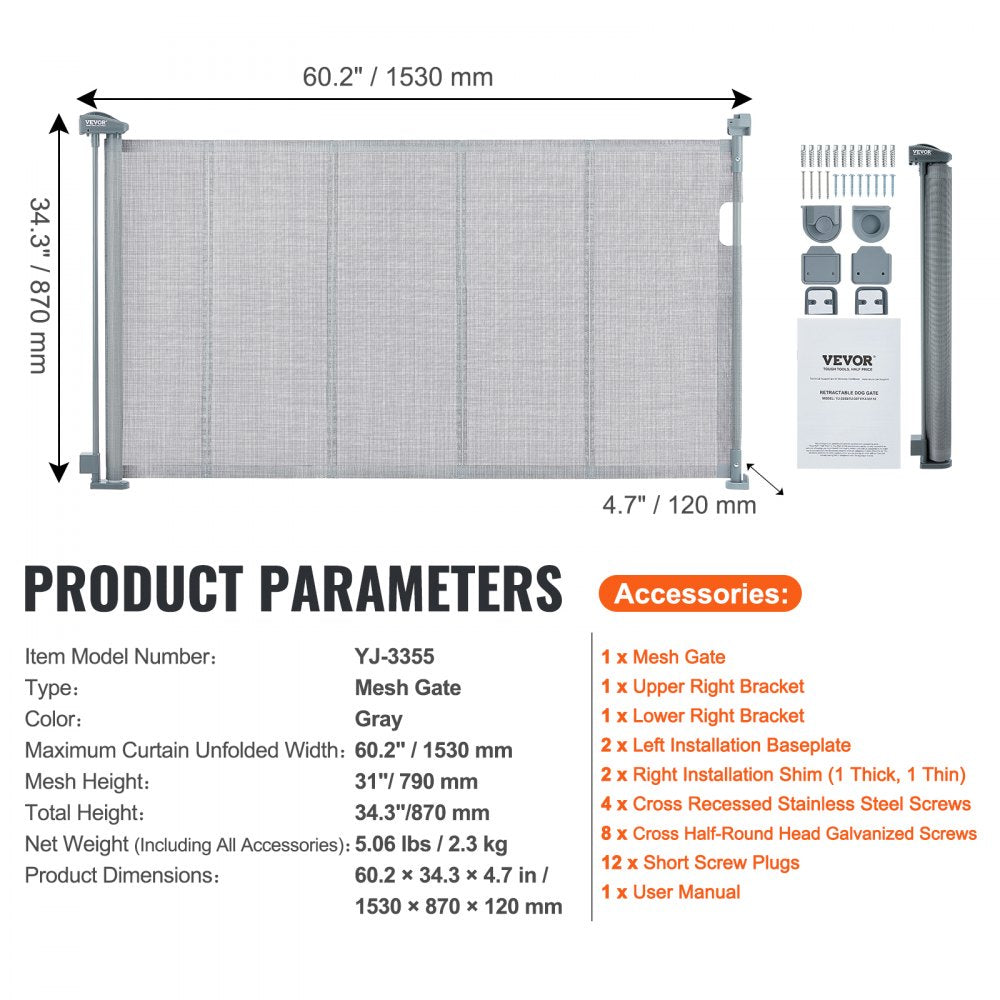 YJ-3355 - Adjustable 60" Retractable Baby Gate for Kids & Pets