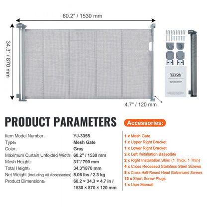 YJ-3355 - Adjustable 60" Retractable Baby Gate for Kids & Pets