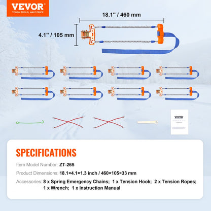 ZT-265 - Heavy-Duty Snow Chains for 9.2-11.2in Tires, Quick Install
