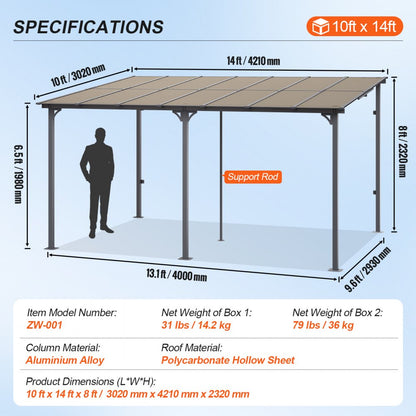ZW-001 - Durable 10' x 14' Lean-To Gazebo with Hardtop and UV Protection