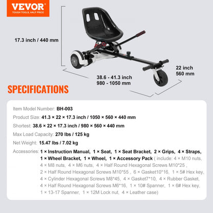 BH-003 - VEVOR Adjustable Hoverboard Seat with Dual Shock Absorbers, 270 lbs Capacity