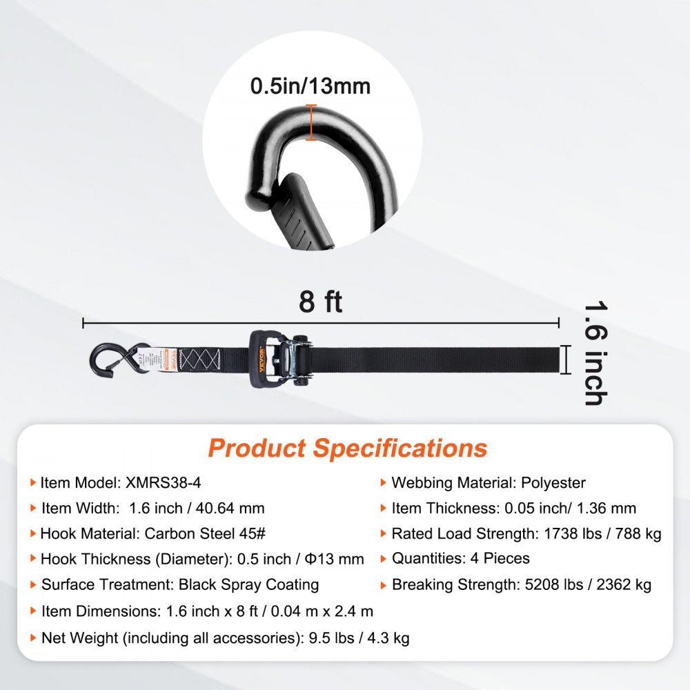 XMRS38-4 - Heavy-Duty 1.6" x 8' Ratchet Straps with Padded Handles