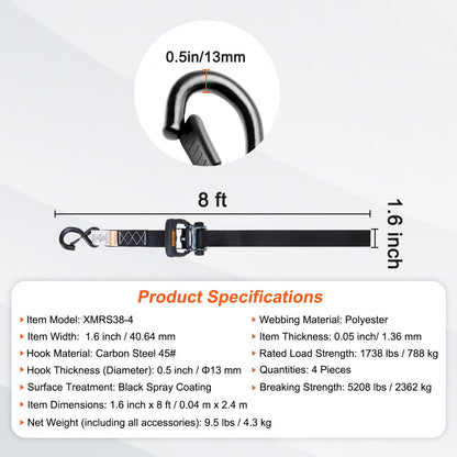 XMRS38-4 - Heavy-Duty 1.6" x 8' Ratchet Straps with Padded Handles