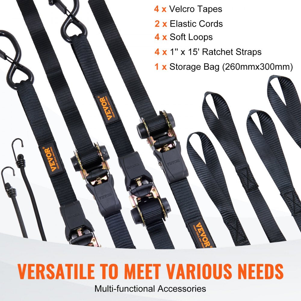 XMRS25-4 - 1"x15' Durable Ratchet Straps with Padded Handles and Spring Hooks