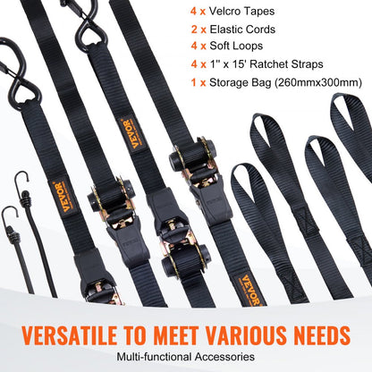 XMRS25-4 - 1"x15' Durable Ratchet Straps with Padded Handles and Spring Hooks