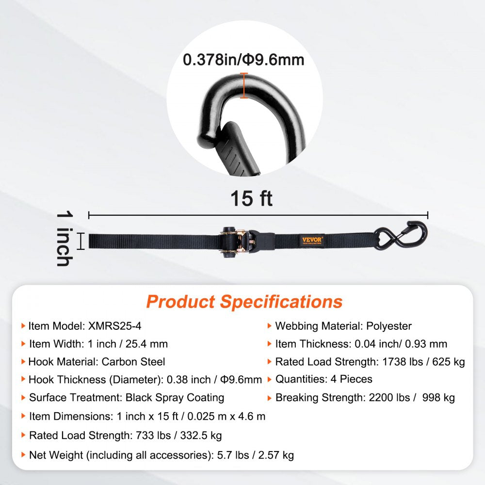 XMRS25-4 - 1"x15' Durable Ratchet Straps with Padded Handles and Spring Hooks