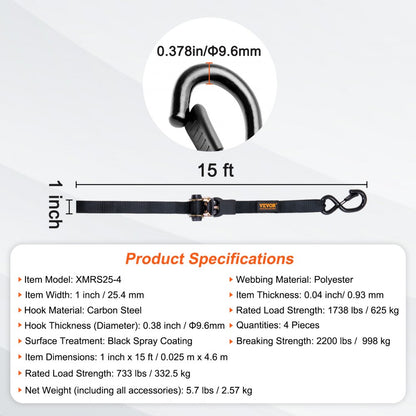 XMRS25-4 - 1"x15' Durable Ratchet Straps with Padded Handles and Spring Hooks