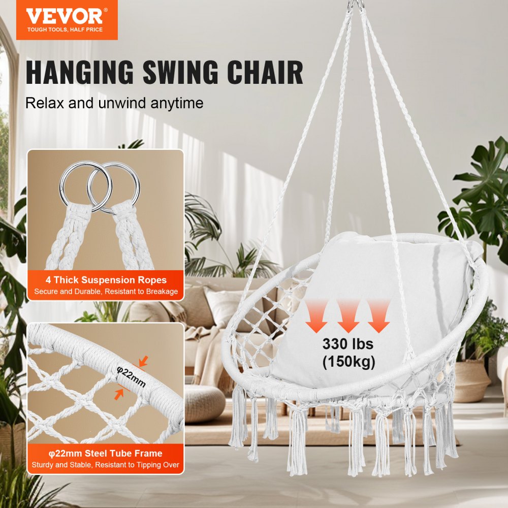 HR-HC-02 - Comfortable Macramé Hanging Chair for Indoor & Outdoor Relaxation