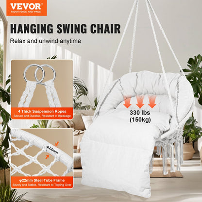 HR-HC-04 - Boho Macramé Hanging Chair with Cushion for Indoor & Outdoor Use