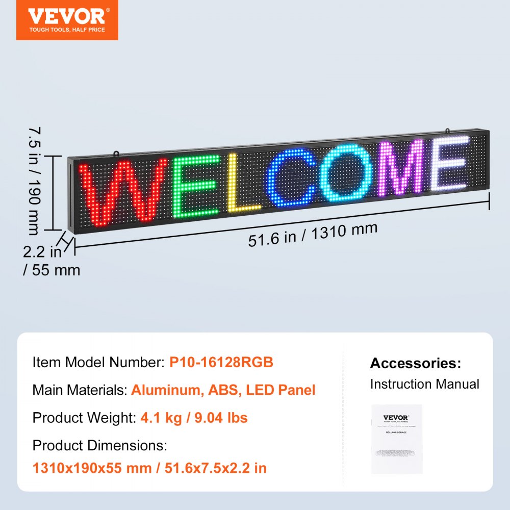 P10-16128RGB - Vibrant 52"x8" Programmable LED Sign for Events & Shops