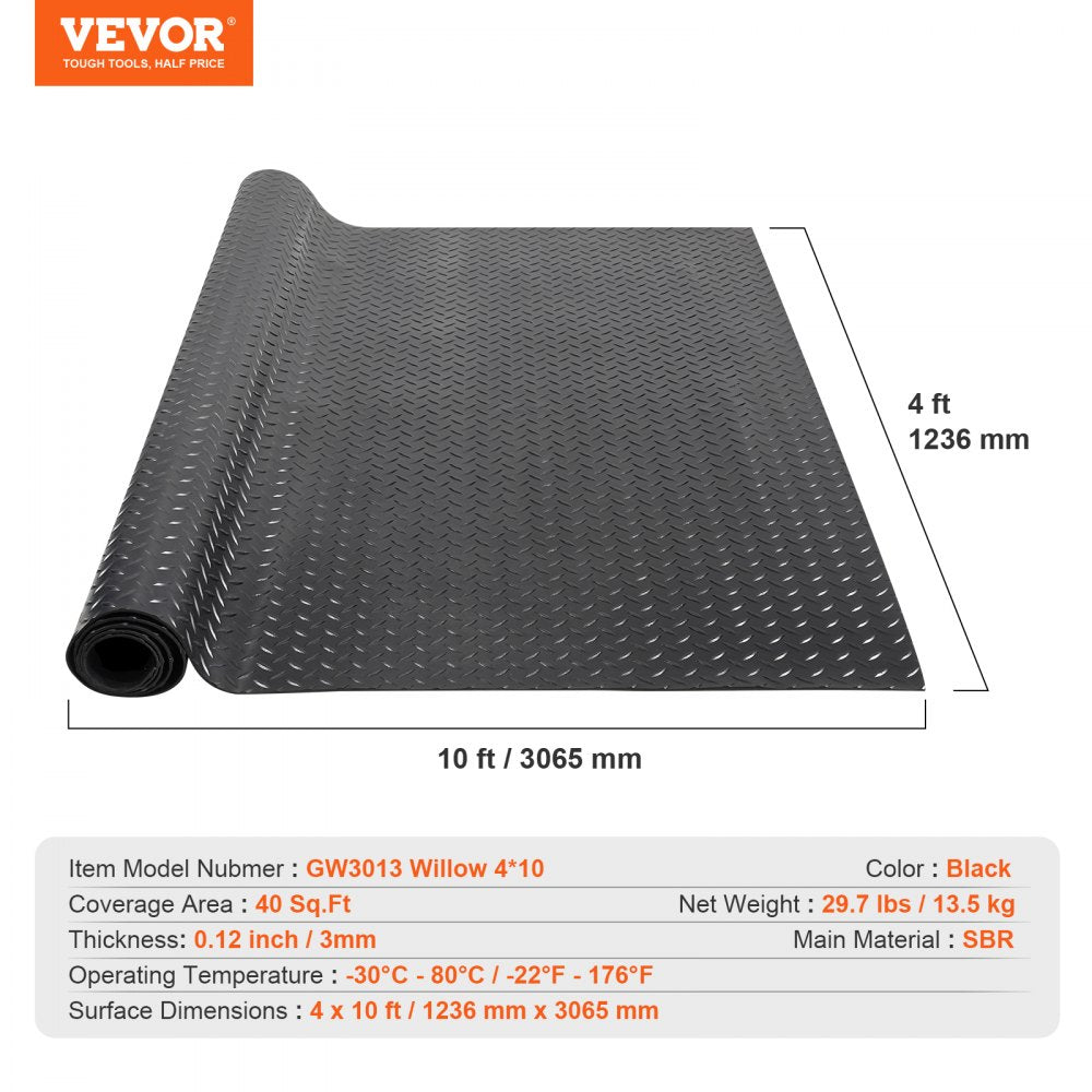 GW3013 - 3mm Diamond-Plate Rubber Flooring Roll, 4ft x 10ft Garage Mat