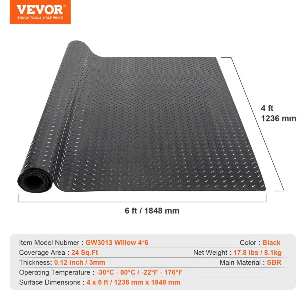 GW3013 - 3mm Thick Diamond-Plate Rubber Flooring Roll, 4'x6' for Heavy-Duty Use