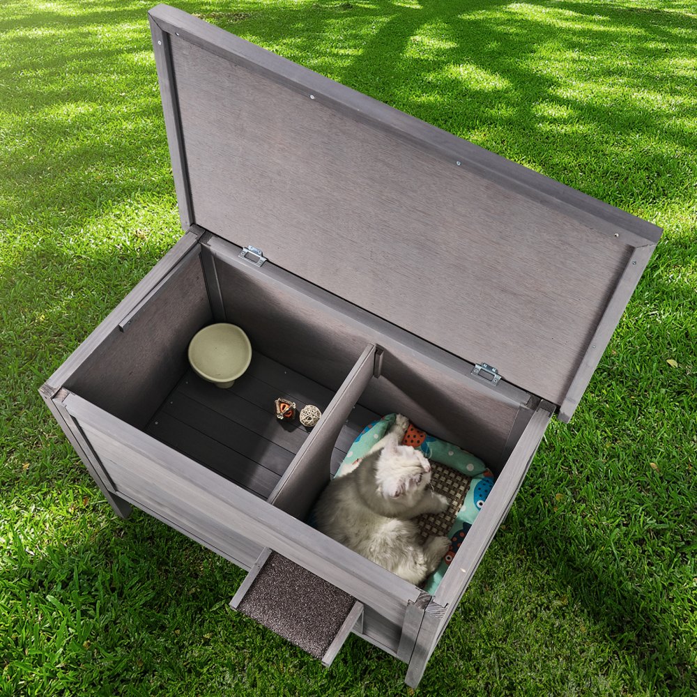 DUSCH2404 - Waterproof Wooden Cat House with Sloped Roof and PVC Flaps