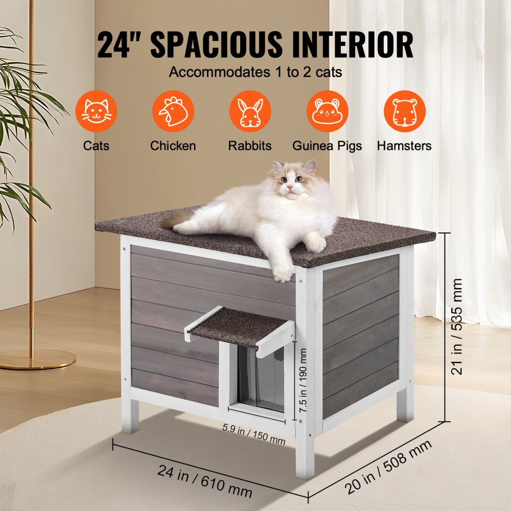 DUSCH2403 - 24-Inch Durable Wooden Cat House with Removable PVC Flaps