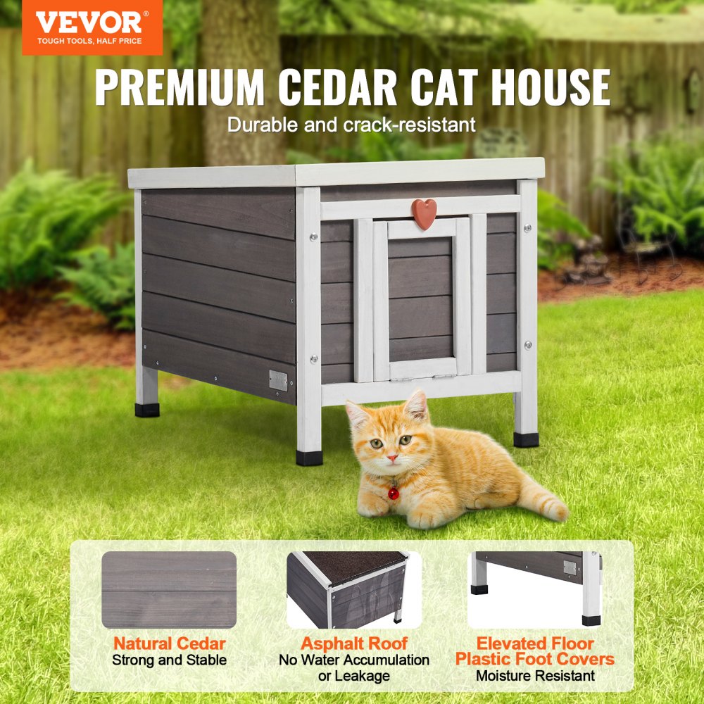 DUSCH2401 - Wooden Outdoor Cat House with Sloped Roof & PVC Door Flaps