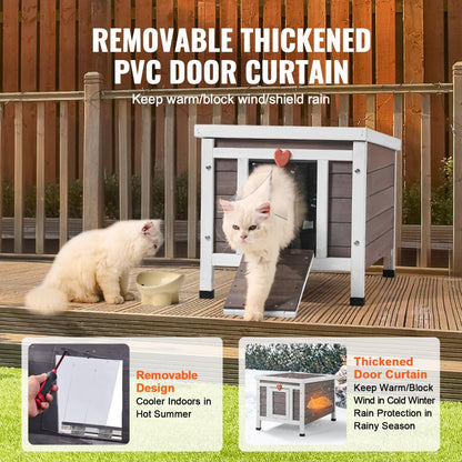 DUSCH2401 - Wooden Outdoor Cat House with Sloped Roof & PVC Door Flaps
