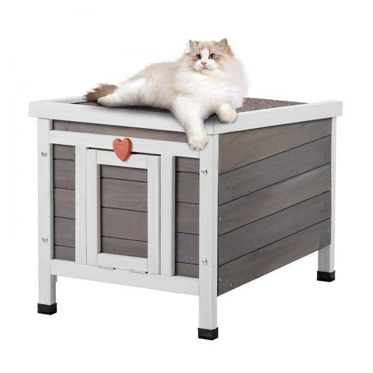 DUSCH2401 - Wooden Outdoor Cat House with Sloped Roof & PVC Door Flaps
