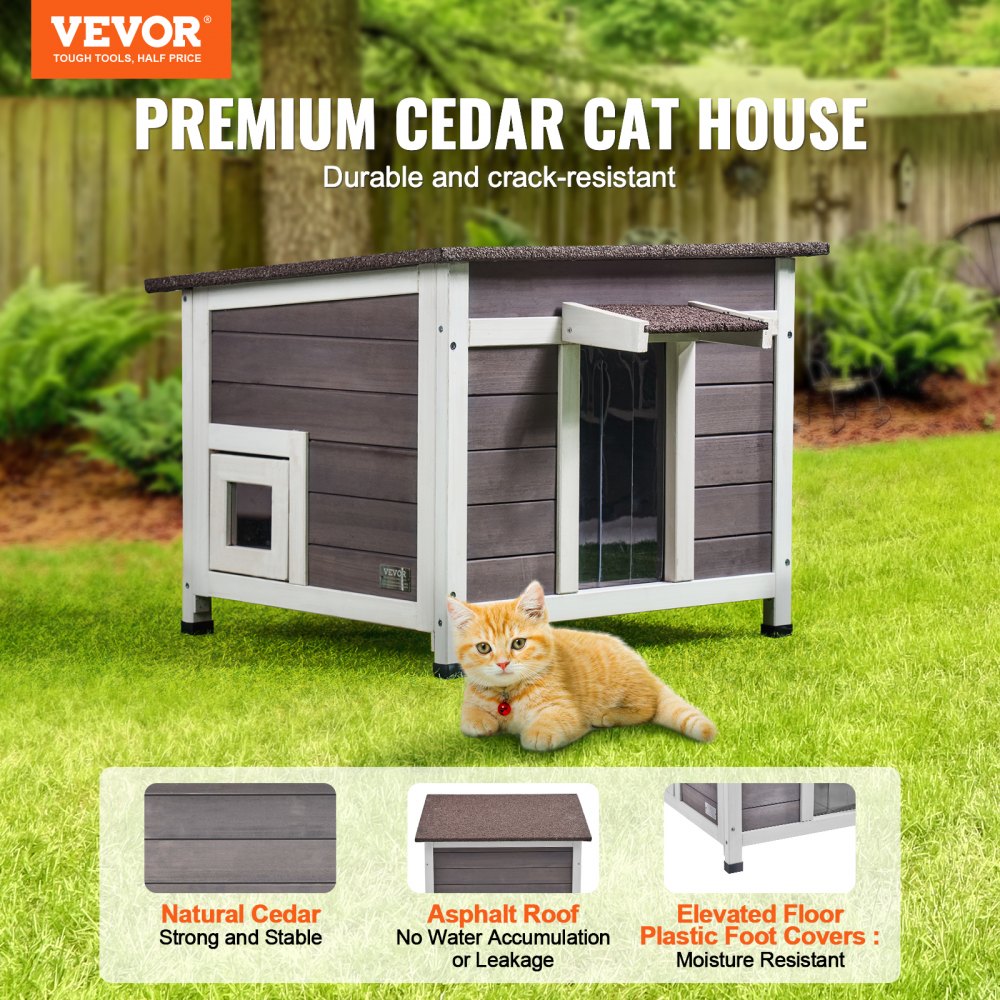 DUSCH2402 - Durable Wooden Outdoor Cat House with Waterproof Roof & Flap Curtains