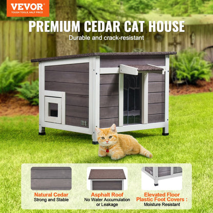 DUSCH2402 - Durable Wooden Outdoor Cat House with Waterproof Roof & Flap Curtains