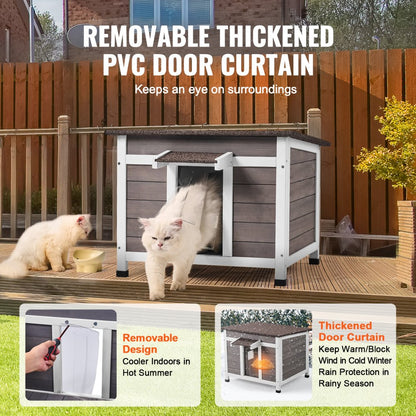 DUSCH2402 - Durable Wooden Outdoor Cat House with Waterproof Roof & Flap Curtains