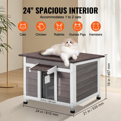 DUSCH2402 - Durable Wooden Outdoor Cat House with Waterproof Roof & Flap Curtains