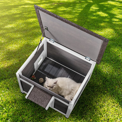 DUSCH2402 - Durable Wooden Outdoor Cat House with Waterproof Roof & Flap Curtains