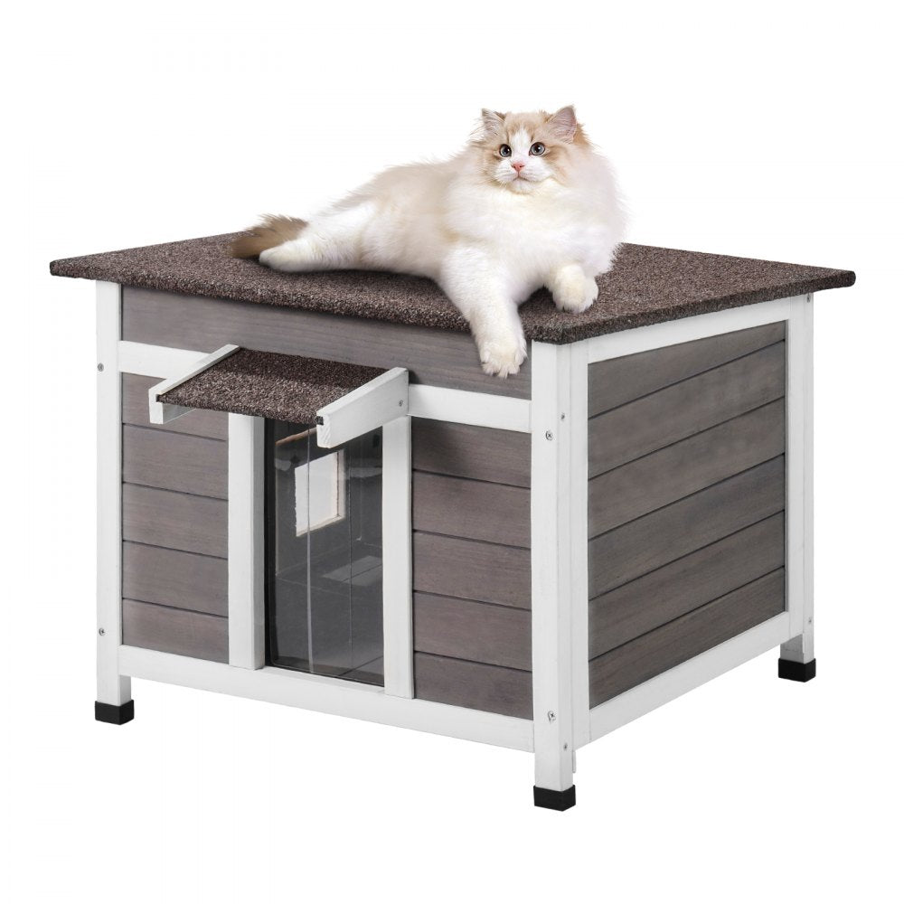 DUSCH2402 - Durable Wooden Outdoor Cat House with Waterproof Roof & Flap Curtains