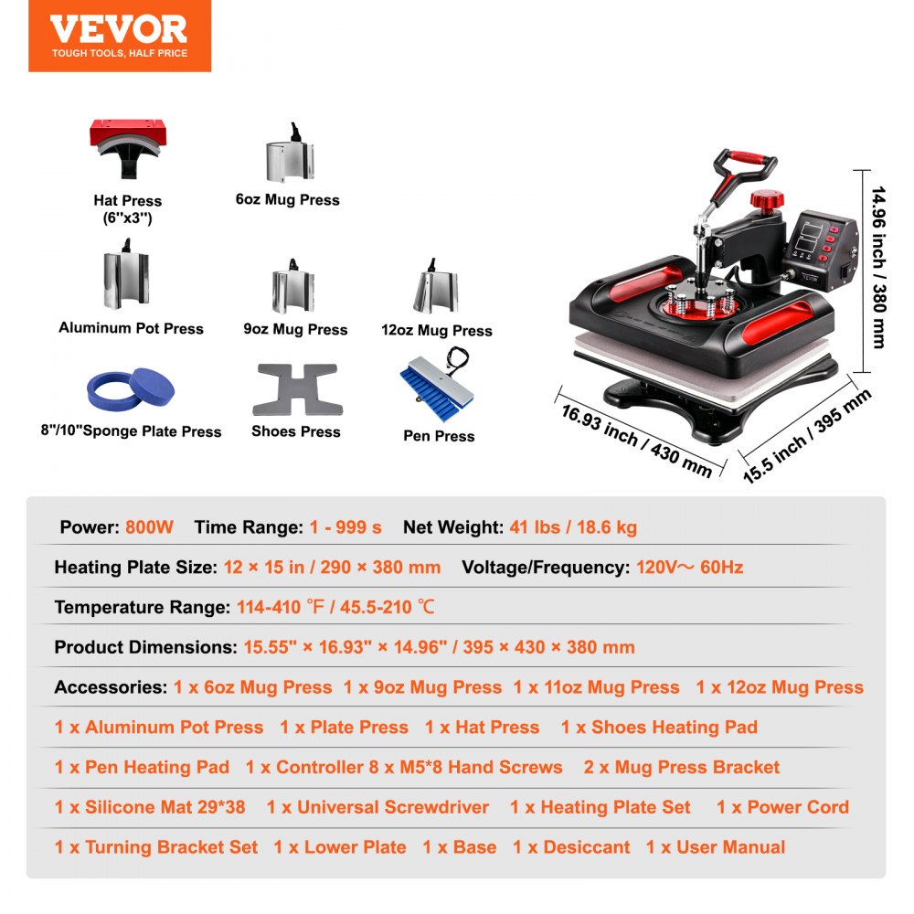 P8100 - 12x15" VEVOR Heat Press with 360-Degree Swing-Away Design