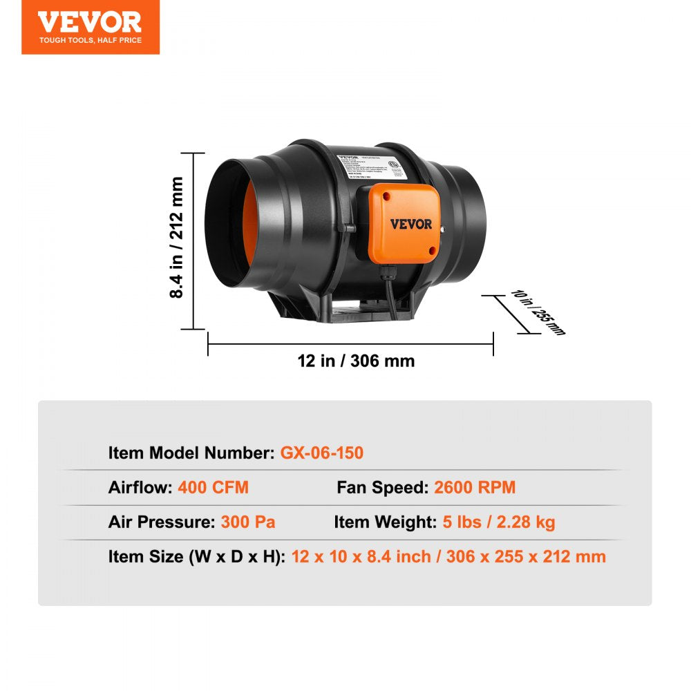 VV-GDFJ-AC6 - 6 Inch Quiet Inline Duct Fan, 400 CFM Airflow