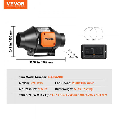 VV-GDFJ-EC4 - 4-Inch Quiet Inline Duct Fan, 205 CFM Airflow
