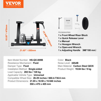 HS-QX-009B - Durable Indoor Bike Trainer Stand, Fits 26-29" Wheels, 265 lbs Capacity