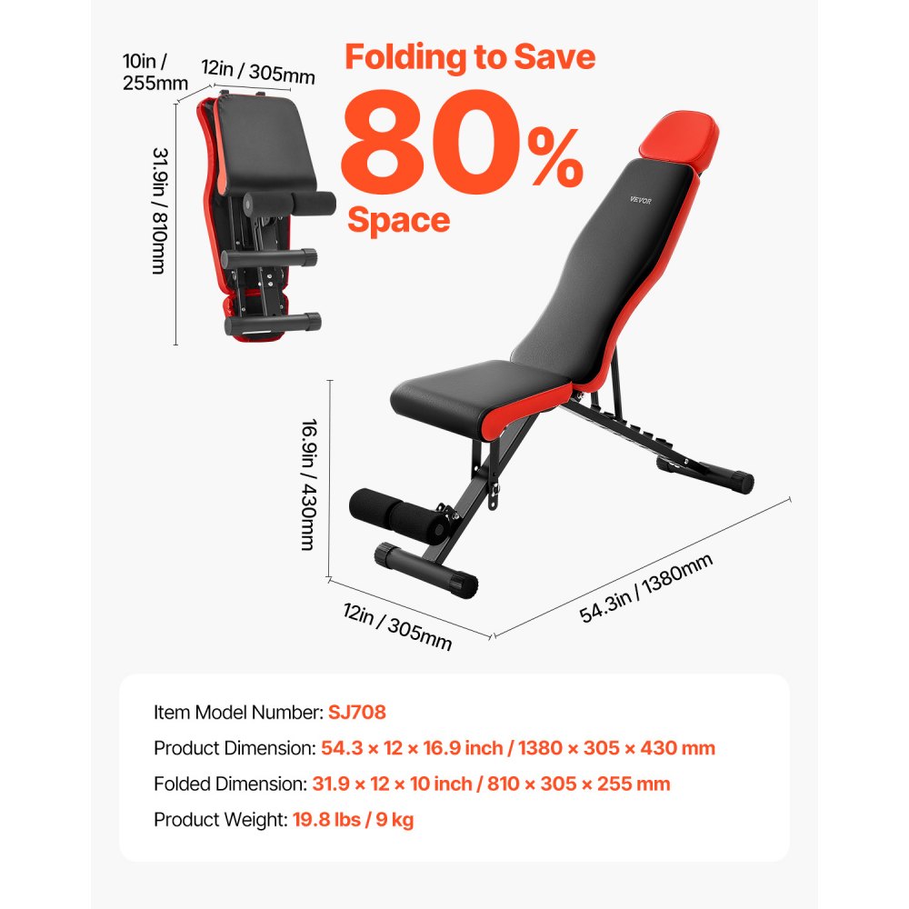 SJ708 - Adjustable Foldable Weight Bench 31.9"x12"x10" for Home Gym