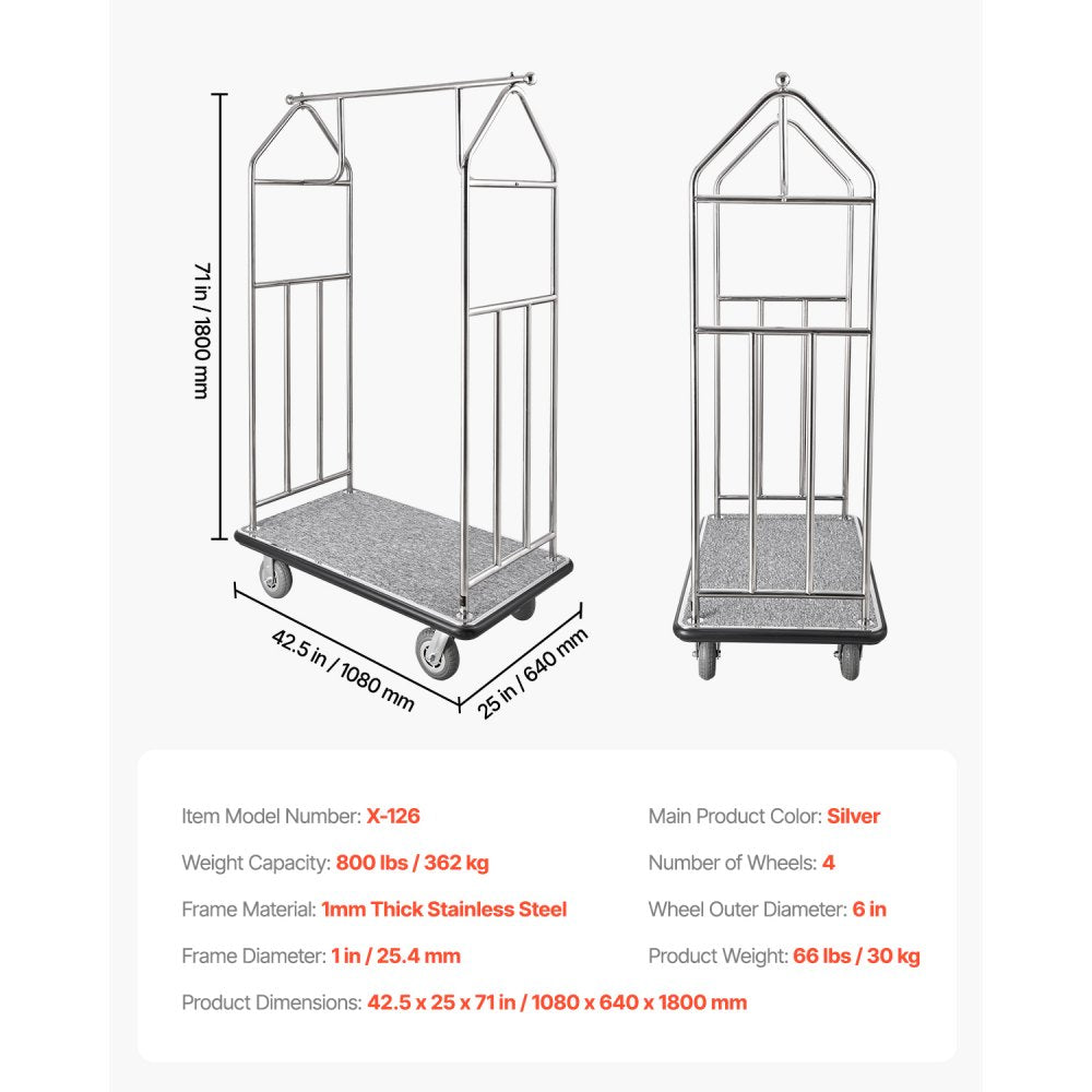 X-126 - Heavy-Duty 800LB Stainless Steel Bellman Cart with Smooth Glide Wheels