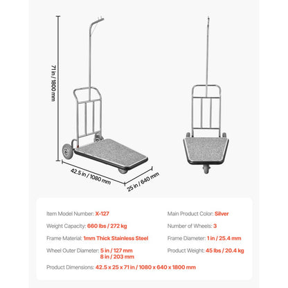 X-127 - Durable 600 lbs Luggage Cart with 3 Smooth Wheels