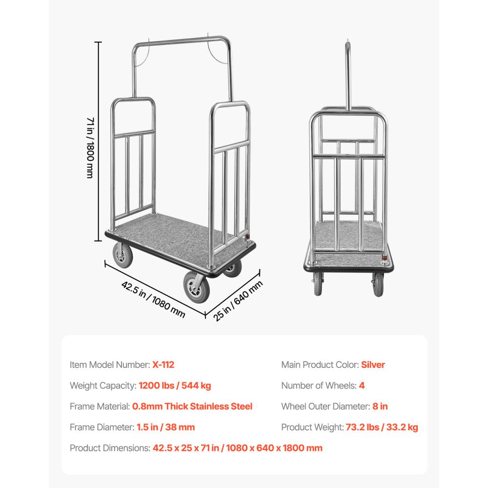 X-112 - Durable 1200 lbs Stainless Steel Luggage Cart with Smooth Wheels