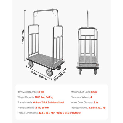 X-112 - Durable 1200 lbs Stainless Steel Luggage Cart with Smooth Wheels