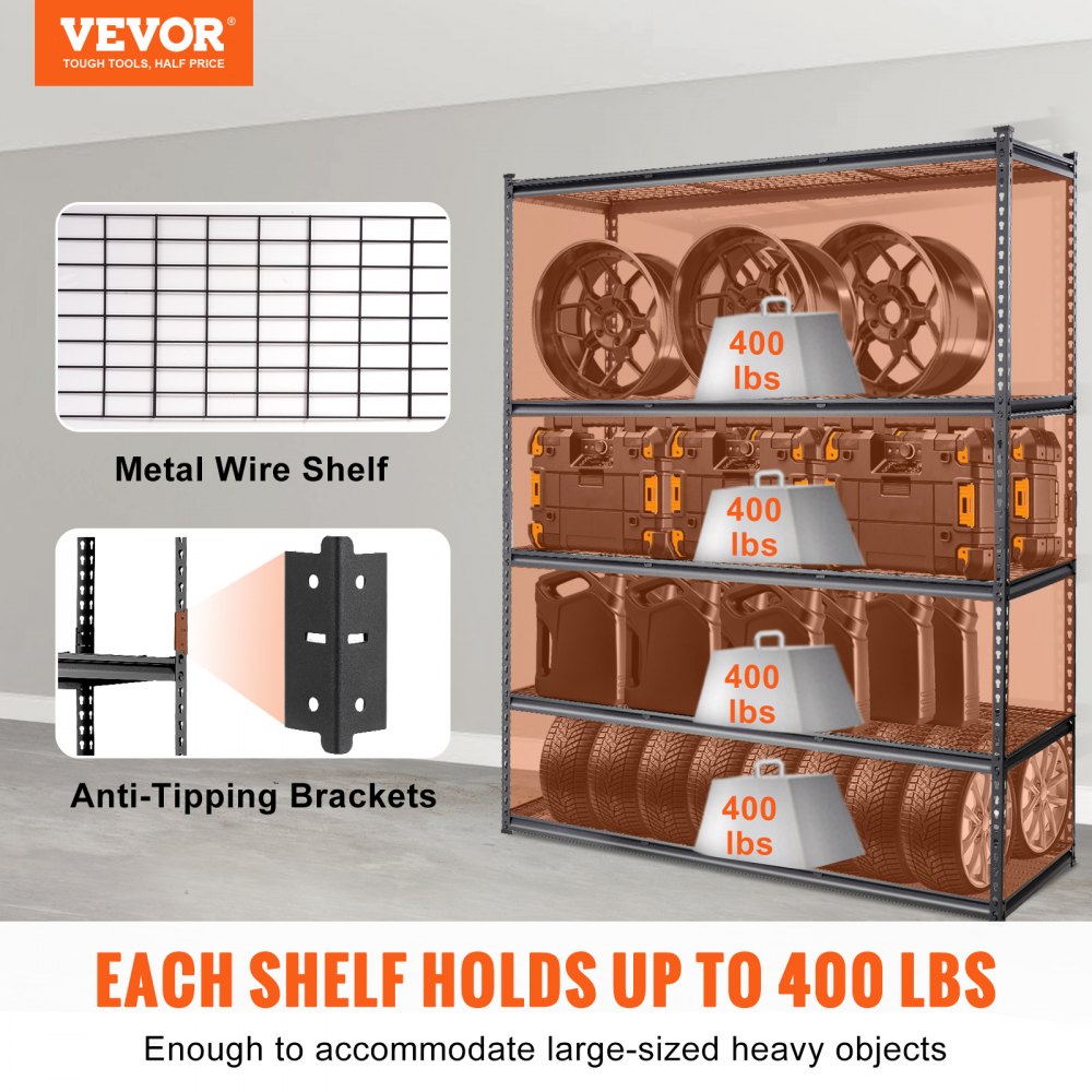 4AV0 - 5-Tier Heavy-Duty Metal Shelves, 2000 lbs Capacity, Adjustable Design