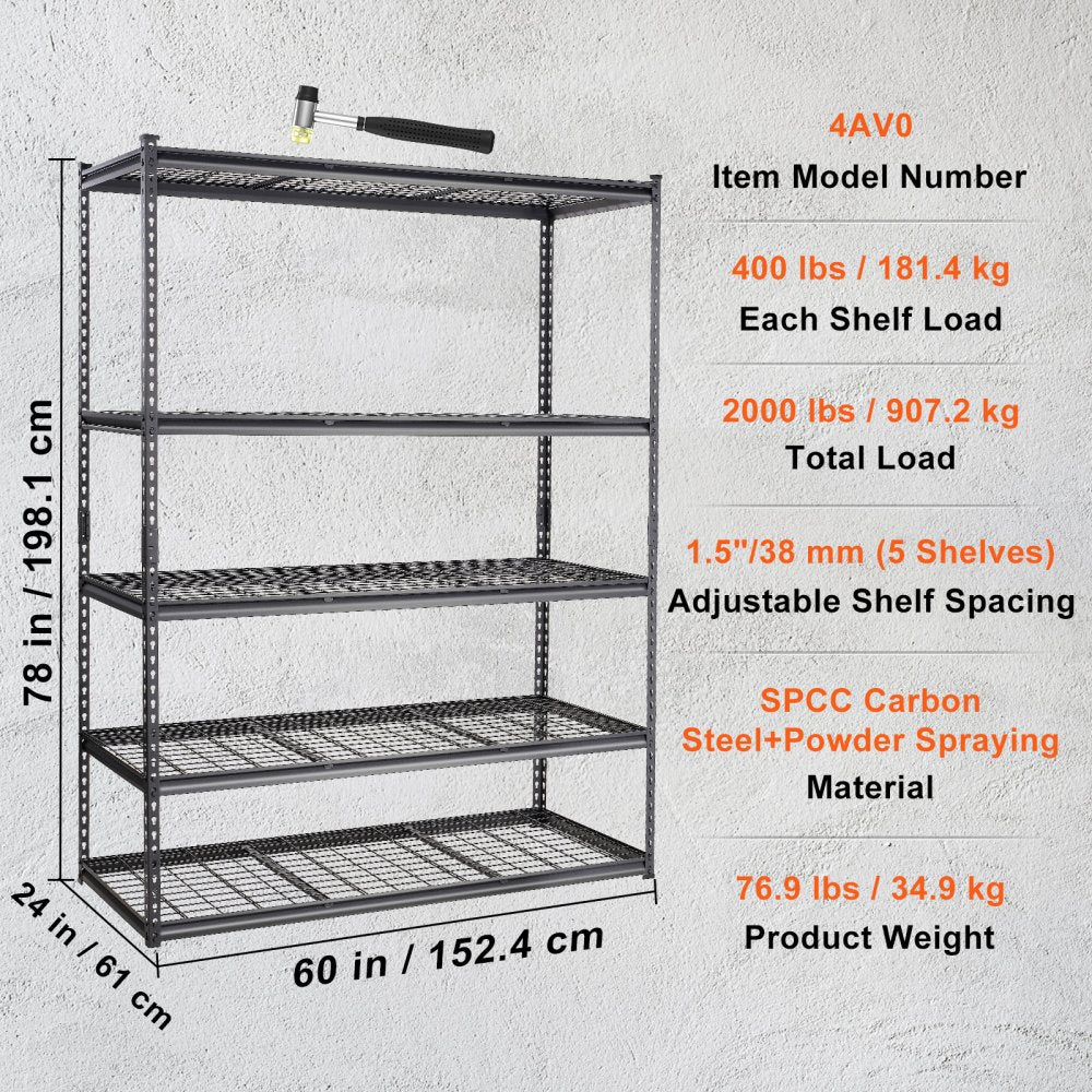 4AV0 - 5-Tier Heavy-Duty Metal Shelves, 2000 lbs Capacity, Adjustable Design