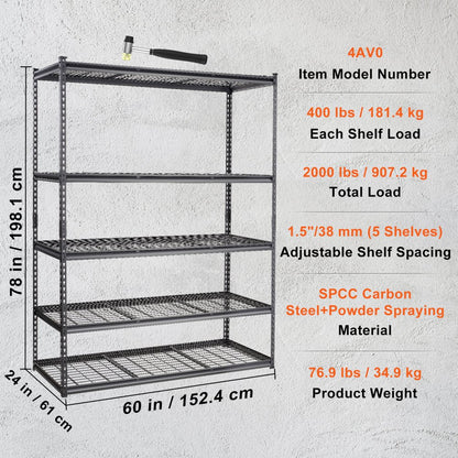 4AV0 - 5-Tier Heavy-Duty Metal Shelves, 2000 lbs Capacity, Adjustable Design