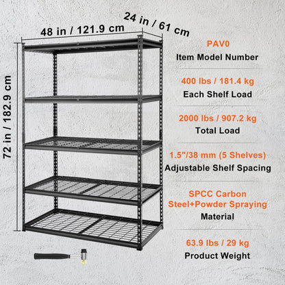 PAV0 - Heavy Duty Adjustable 5-Tier Metal Shelving Unit, 2000 lbs Capacity