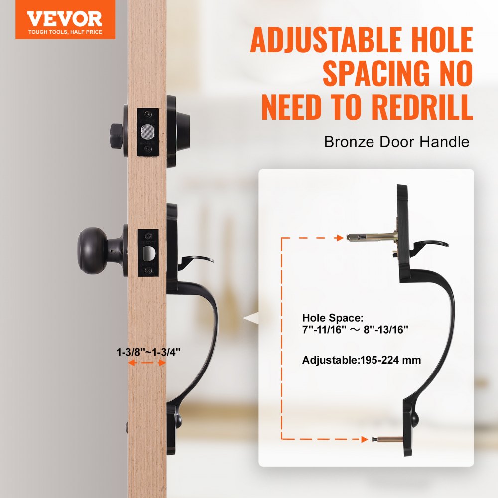 20185-AC - Antique Copper Door Lock Set with Adjustable Spacing and Reversible Handle