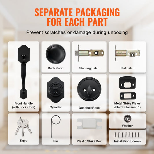 20185-10B - Matte Black Door Handle & Deadbolt Set, Adjustable Spacing 7-11/16" to 8-13/16"