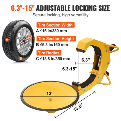 QS-002 - Heavy-Duty Adjustable Wheel Lock for Tires 6.3-15 Inches
