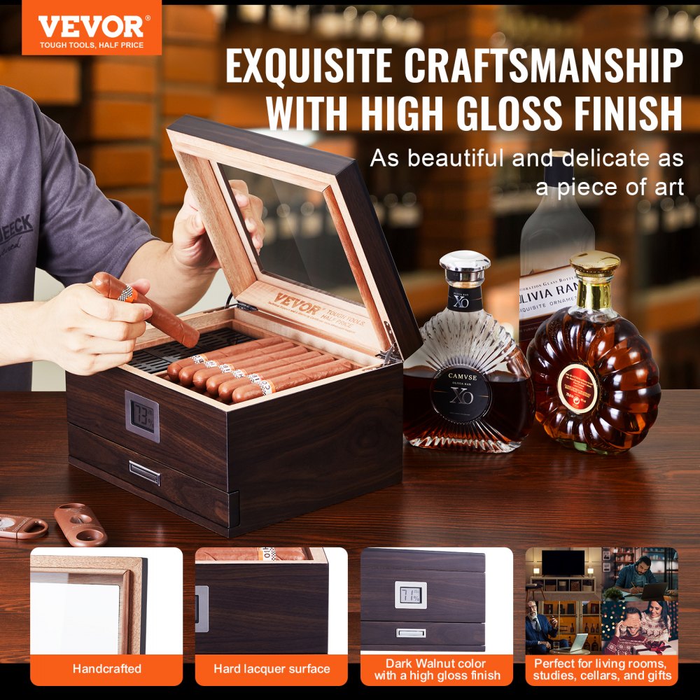 HCAC50D - Premium Cedar Cigar Humidor with Glass Top & Adjustable Shelves