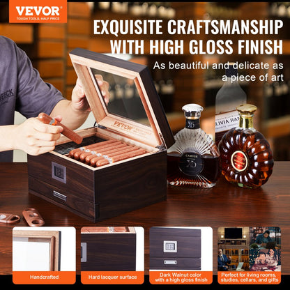HCAC50D - Premium Cedar Cigar Humidor with Glass Top & Adjustable Shelves