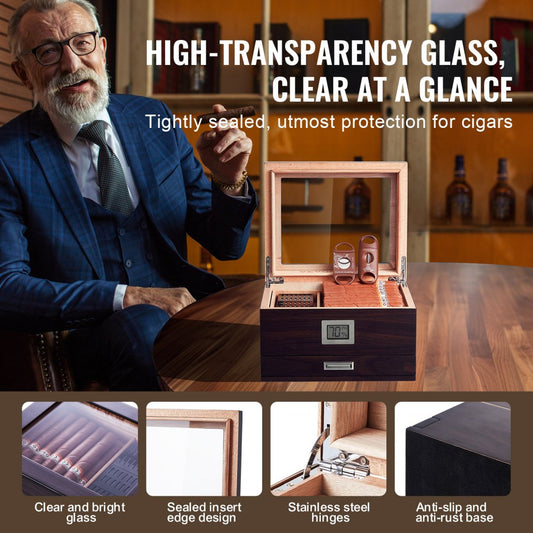 HCAC50D - Premium Cedar Cigar Humidor with Glass Top & Adjustable Shelves