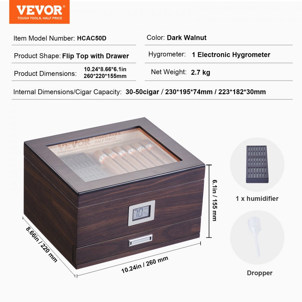 HCAC50D - Premium Cedar Cigar Humidor with Glass Top & Adjustable Shelves