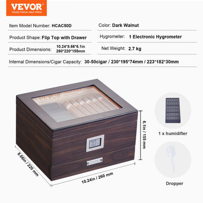 HCAC50D - Premium Cedar Cigar Humidor with Glass Top & Adjustable Shelves