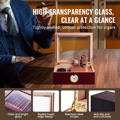 HCAF50J - 50 Cigar Glass-Top Humidor with Cedar Interior, 235x196x77mm